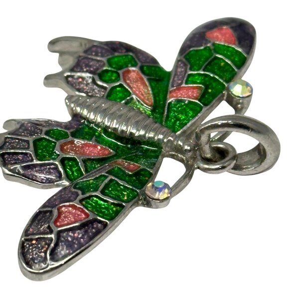 Butterfly Pendant With Colorful Enamel Wings Silver-Tone Metal Base - Picture 5 of 5